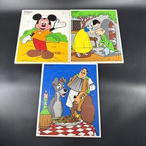 3 Vintage Wooden Playskool Disney Puzzles Lady And Tramp, Snow White and Mickey